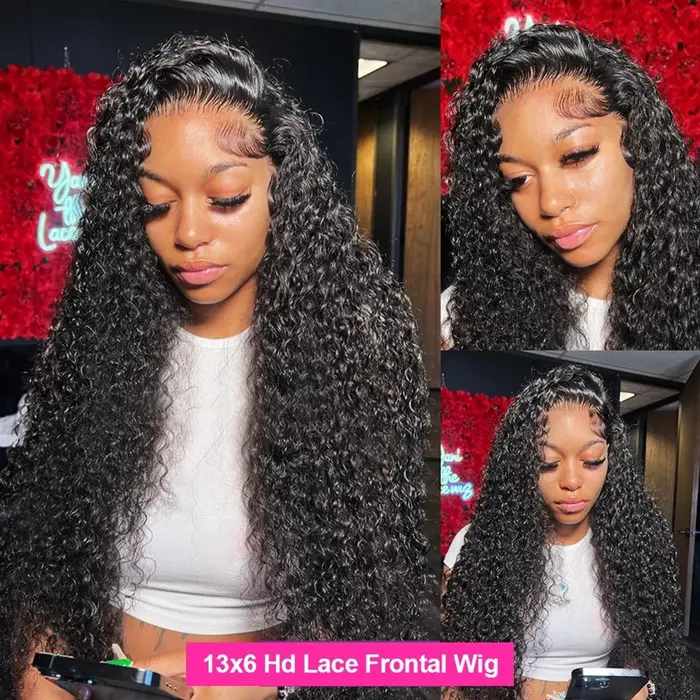 Perruque Lace Front Wig sans colle 300 naturelle, cheveux bouclés, Deep Wave, 13x6 HD, 30-34 pouces,