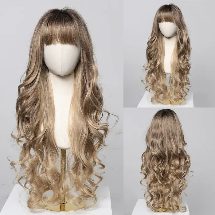 Perruques synthétiques ondulées blondes ombrées avec frange pour femmes