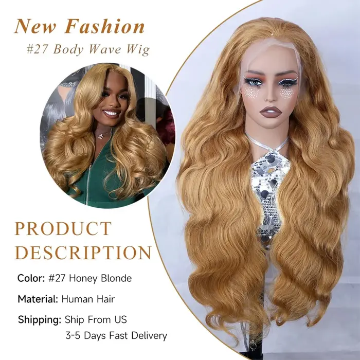 Perruque frontale en dentelle HD 13x6, couleur blonde miel, vague corporelle, perruque frontale en d