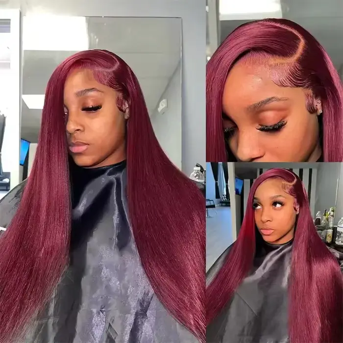 Perruque Lace Frontal Wig 100% naturelle, cheveux lisses, couleur bordeaux, 13x4 HD, 13x6, couleur 9