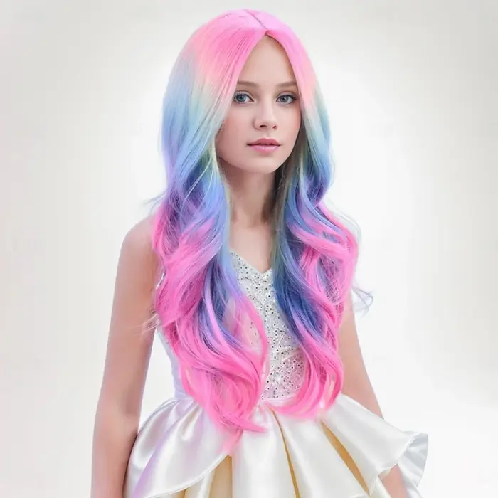 HAIRJOY cheveux synthétiques perruques colorées longue perruque ondulée bouclée pour filles enfants arc-en-ciel