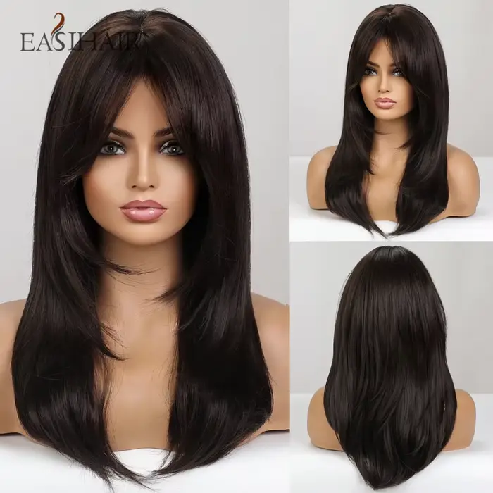 EASIHAIR – perruques synthétiques noires marron foncé avec frange, cheveux naturels mi-droits en cou