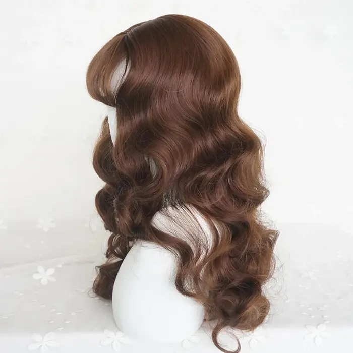 Perruque synthétique longue bouclée ondulée châtain brun avec frange pour femme, style gothique Lolita et usage quotidien, cheveux artificiels réalistes