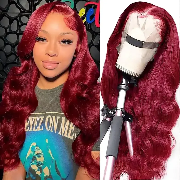 Perruque Lace Frontal Wig naturelle brésilienne, cheveux humains, Body Wave, bordeaux, 13x6, Hd, den
