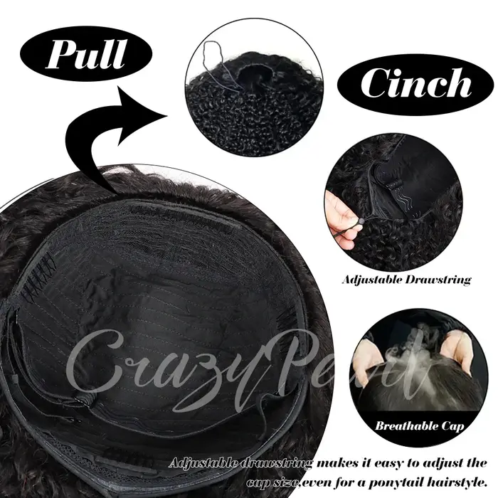 CrazyPearl Demi-perruque 3 en 1 en cheveux humains, densité 200%, bouclée crépue, sans couture, à po
