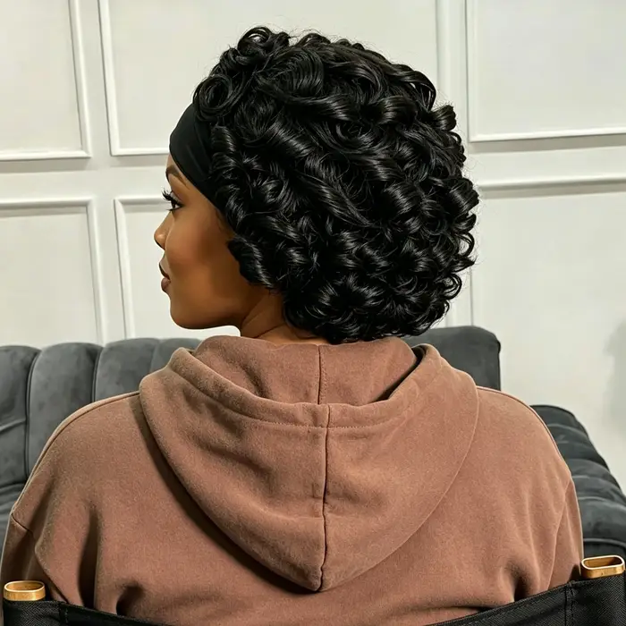 Perruque courte bouclée avec bandeau pour femme