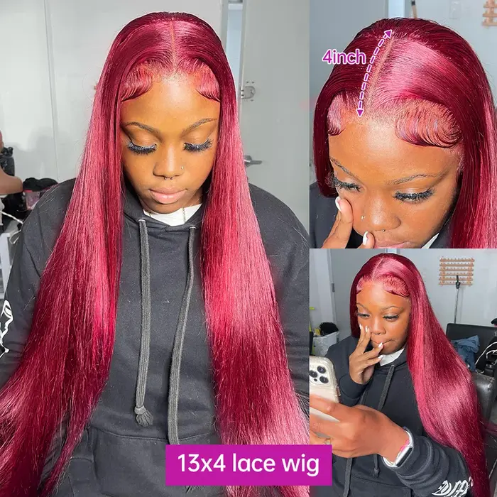 Perruque Lace Front Wig sans colle naturelle, cheveux lisses, rouge bordeaux 99J, 13x6, 13x4 HD, 30