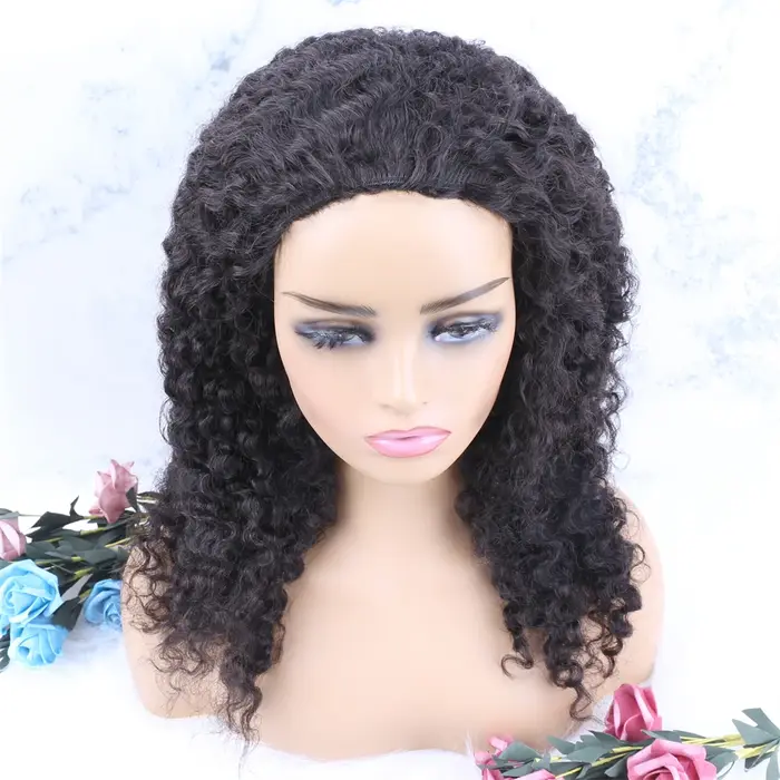 Perruques mi-tête en cheveux humains bruts birmans bouclés haute densité 300 avec cordon de serrage,