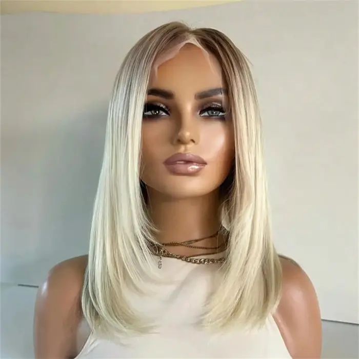 Perruque sans colle Lace Front Synthétique Ombré Blond Crème Clair avec Mèches