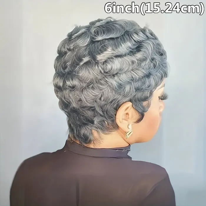 Perruque de cheveux humains 6 pouces gris naturel avec boucles lâches densité 180 %