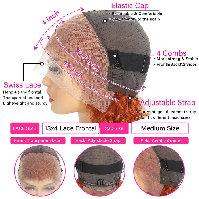 Perruques Lace Front 13x6 en cheveux humains pour femmes, bouclées orange gingembre, Deep Wave, Perr