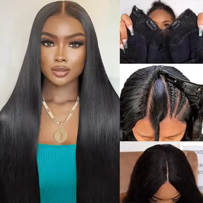 Perruque en cheveux humains lisses en forme de V