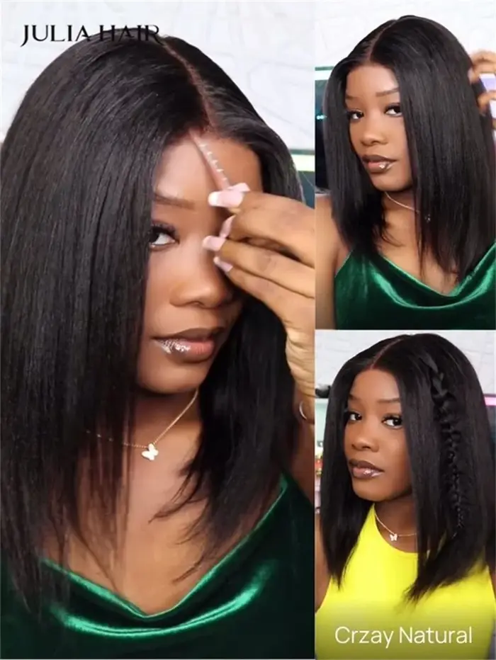 Julia Hair 13x4 7x5 Yaki droite Bob sans colle perruque Bye Bye noeuds dentelle frontale