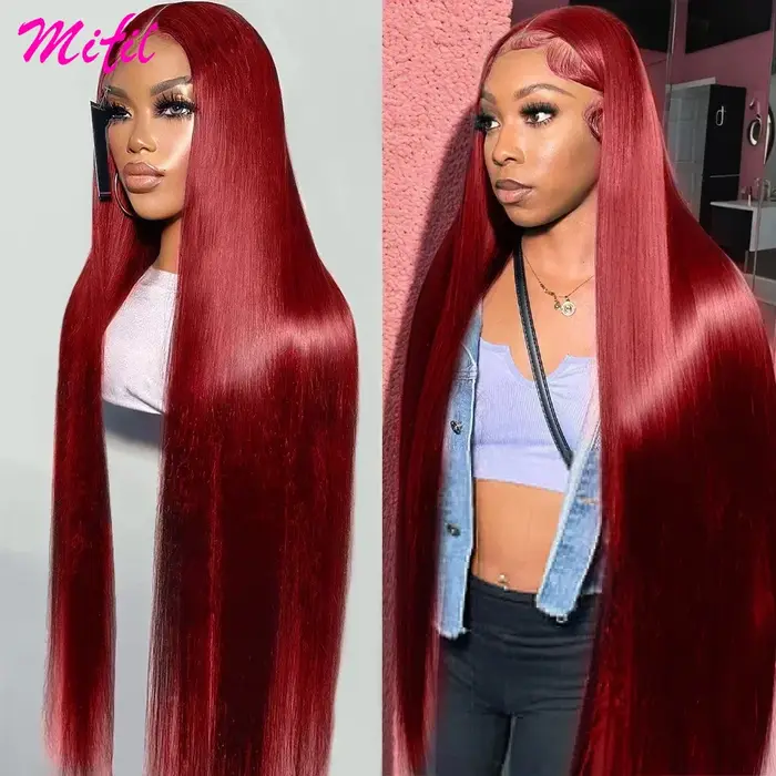 Perruque Lace Frontale HD 13x6 de 36 pouces en Cheveux Humains, Couleur Bordeaux 99J, Lisse