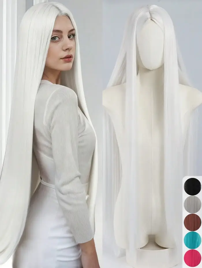 Perruque blanche naturelle à raie centrale pour femme, idéale pour un usage quotidien et pour les co