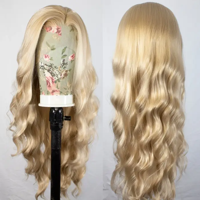 Perruque Lace Front Wig synthétique ondulée longue, blond miel, avec raie libre, cheveux amples et b