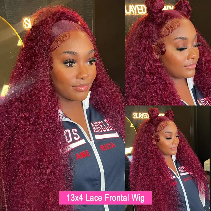 Perruque de cheveux humains bouclés 200 densité 99j Bourgogne 13x6 HD Lace Frontal, couleur Vin Roug