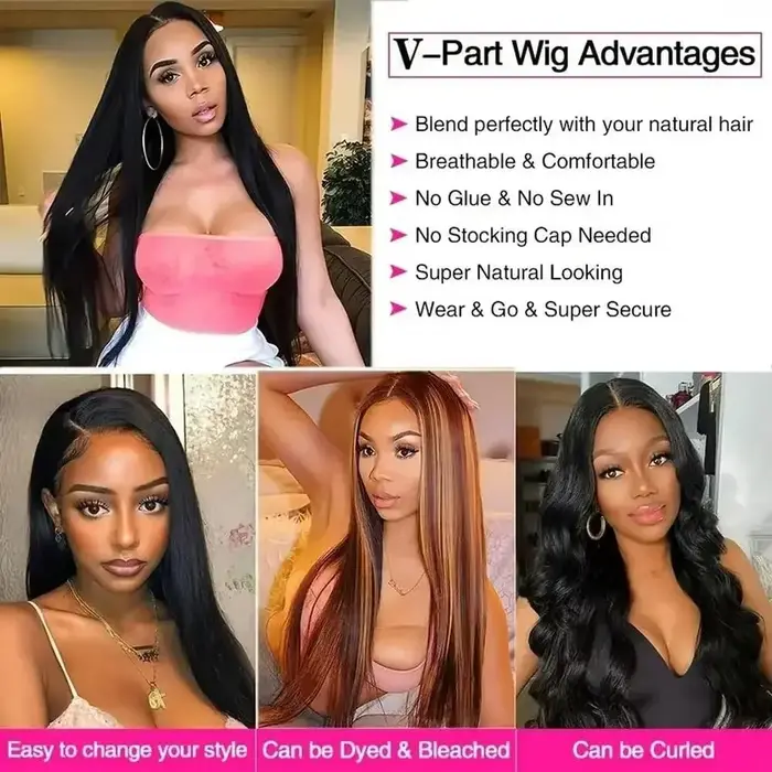 Perruques de cheveux humains lisses avec partie en V pour femmes, cheveux Remy brésiliens, couleur n