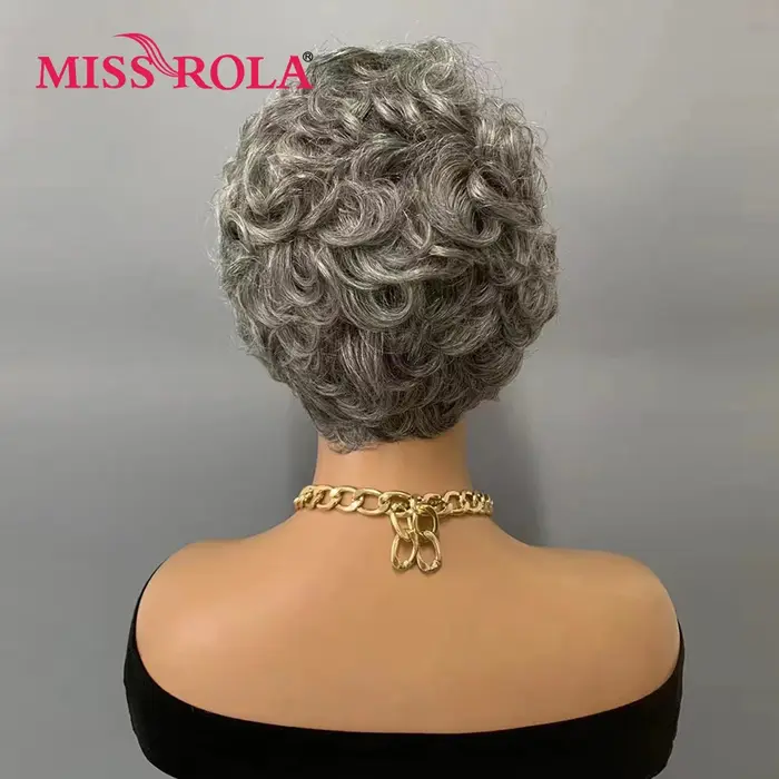 Miss Rola ondulé coupe lutin perruques 100% cheveux humains entièrement fait à la Machine gris et noir mettre en évidence perruque avec frange brésilienne Remy vagues