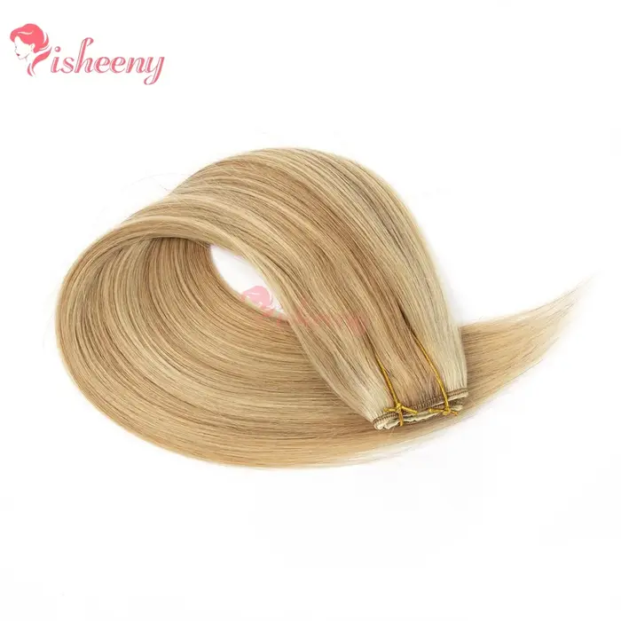Extensions de cheveux naturels à clipser, une seule pièce, 14-22 pouces, blondes avec mèches, 5 clips sur trame de cheveux, légères