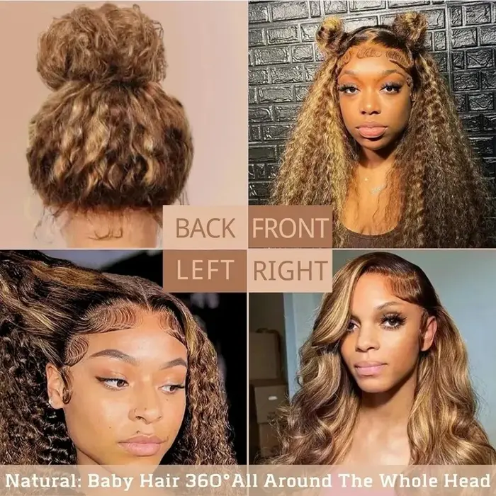 Perruque Lace Front Wig 360 naturelle bouclée, cheveux humains, pre-plucked, Hd, Deep Wave, avec cor