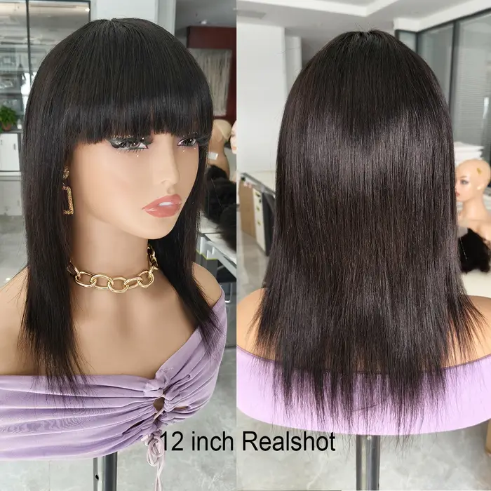 100% perruques de cheveux humains perruque courte avec Bang couleur noire naturelle droite faite à la Machine