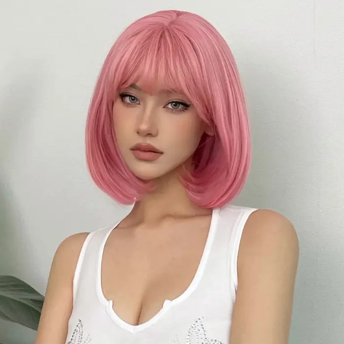 Perruques Bob Synthétiques Courtes Droites avec Frange pour Femme, Cheveux Naturels Roses, Cosplay Mignon, Fibre de Degré de Chaleur