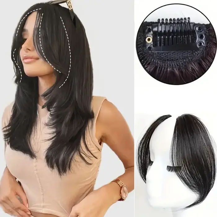 2 pièces frange latérale Extension de cheveux synthétiques pince facile en frange dégradée postiche 
