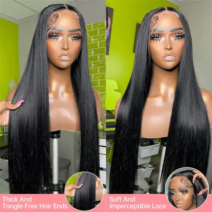 Perruques de cheveux humains brésiliens lisses et transparents de 30 à 32 pouces, densité 200, avec 
