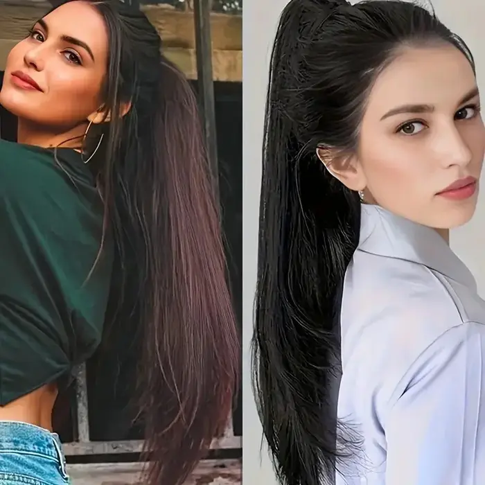 Extensions capillaires synthétiques longues et lisses de 16 pouces/20 pouces, postiche noire pour fe