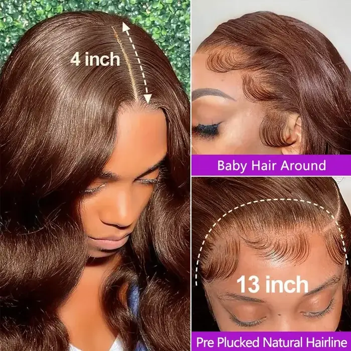 Perruques à dentelle frontale Body Wave brun chocolat, cheveux humains pré-épilés, cheveux vierges b