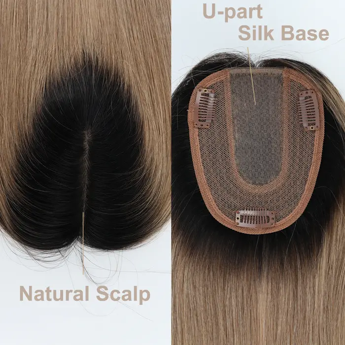 Topper de Base en soie blonde ombrée avec clips en Extensions de cheveux humains européens bicolores de 14 pouces pour