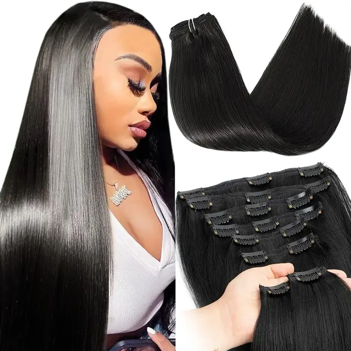 Extensions de cheveux naturels à clipser, lisses, 30 pouces, postiche complet, cheveux naturels Remy