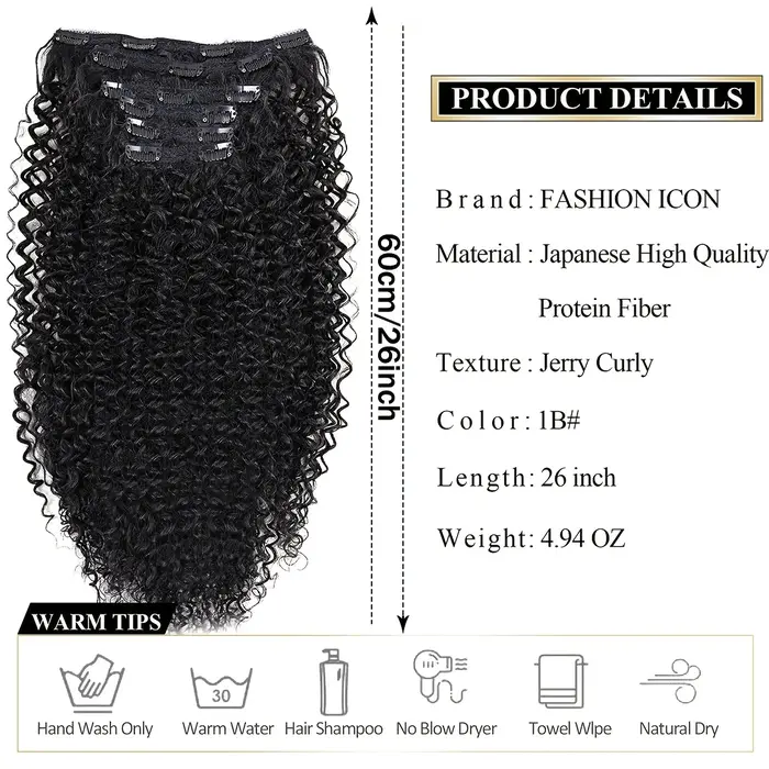 Extensions capillaires synthétiques crépues bouclées à 16 clips