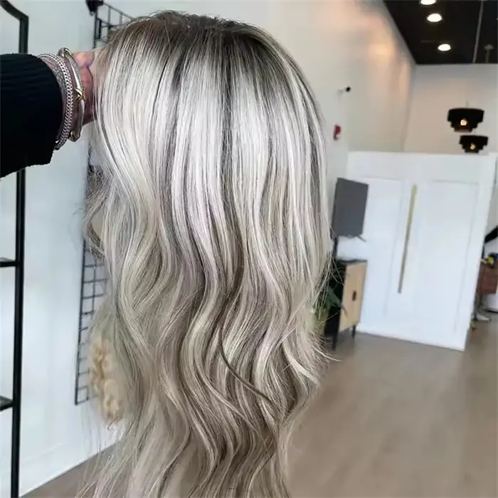 100 vrais cheveux humains blond cendré perruque racines foncées vague de corps mettre en évidence pe