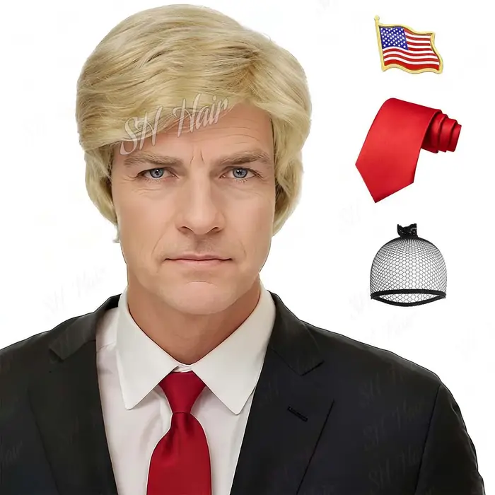 Perruque de Costume synthétique Blonde 3 pièces + épingle à drapeau + cravate rouge pour adultes per