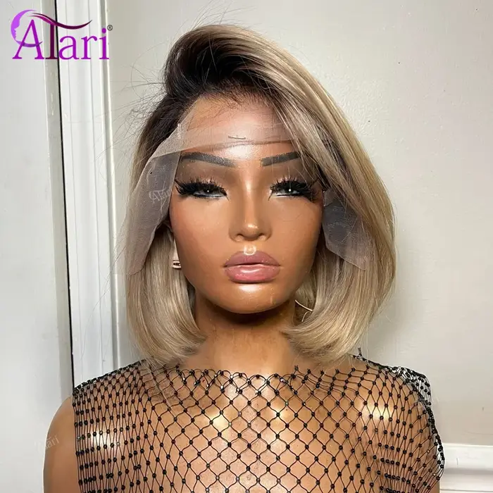 Perruques Bob Courtes en Cheveux Humains Couleur Blond Ombré avec Racines Brunes
