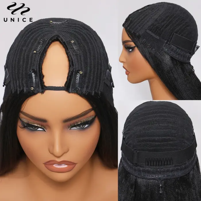 UNice InvisiBlend ™   Yaki droite V partie perruque avec cordon couleur naturelle 100% perruque de c
