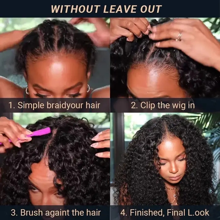 250% crépus bouclés V partie perruque cheveux humains pas de laisser de sortie mise à niveau vague p