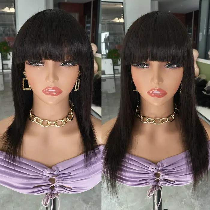 100% perruques de cheveux humains perruque courte avec Bang couleur noire naturelle droite faite à la Machine