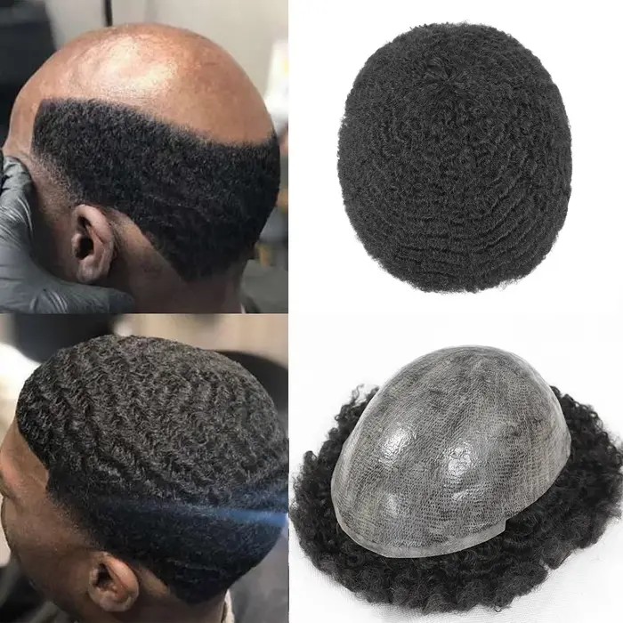 Afro toupet pour hommes peau mince système de remplacement de cheveux humains hommes prothèse de che