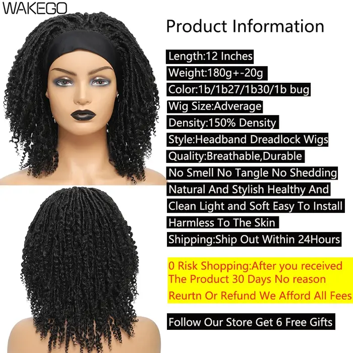 Perruque à bandeau de tête de dreadlocks courtes et bouclées pour les femmes