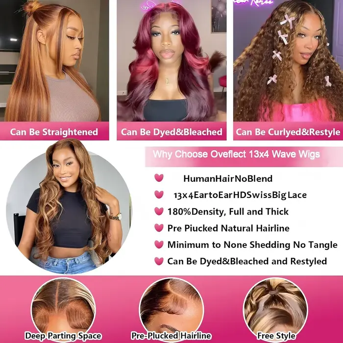 Perruque en cheveux humains blond miel avec mèches, ondulée, avec dentelle frontale, en promotion, s