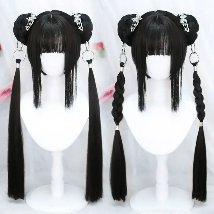 OLACARE perruque synthétique courte droite avec longue queue de cheval Hairbun Lolita Cosplay fête H