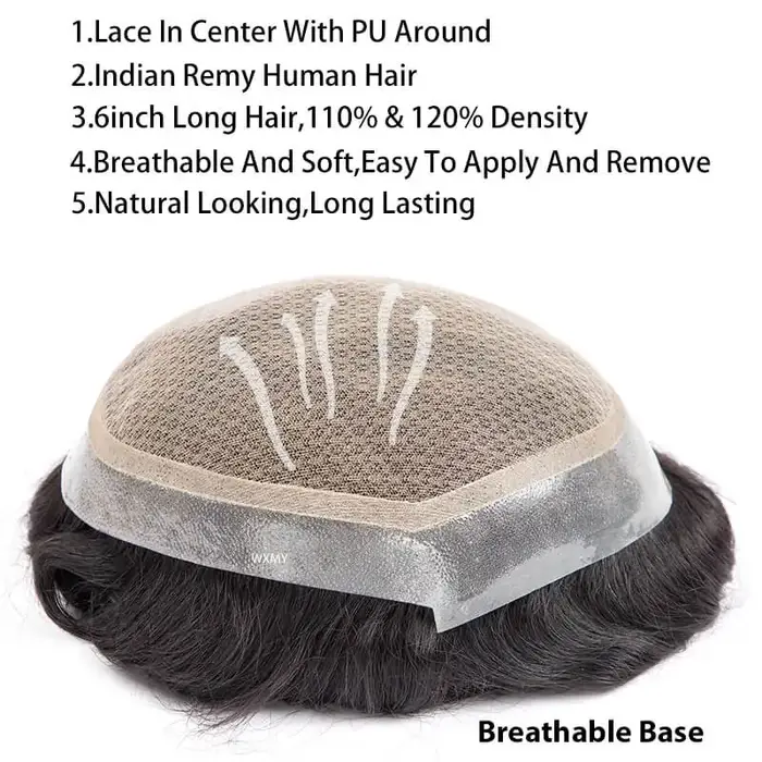 Perruque de toupet pour homme, dentelle double couche, base en PU, prothèse capillaire masculine, sy