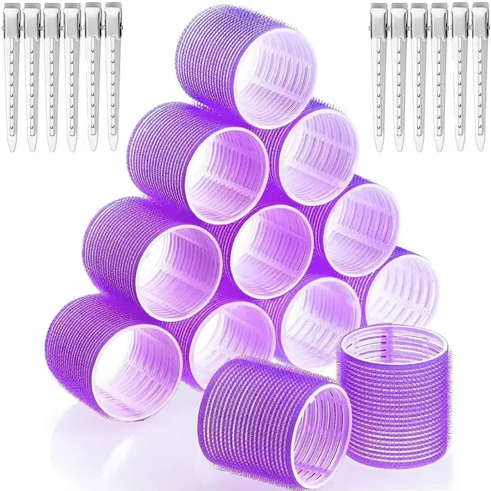 Ensemble de bigoudis 12 rouleaux jumbo auto-agrippants de 64 mm et 12 pinces à bec de canard - Outils de coiffure idéaux pour salon et bricolage pour toutes les longueurs de cheveux