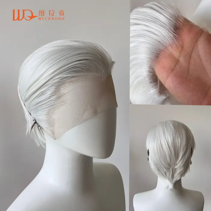 Perruque Lace Front Wig synthétique courte blanche, 8 pouces, 13x4, Blonde argentée, en Fiber résist