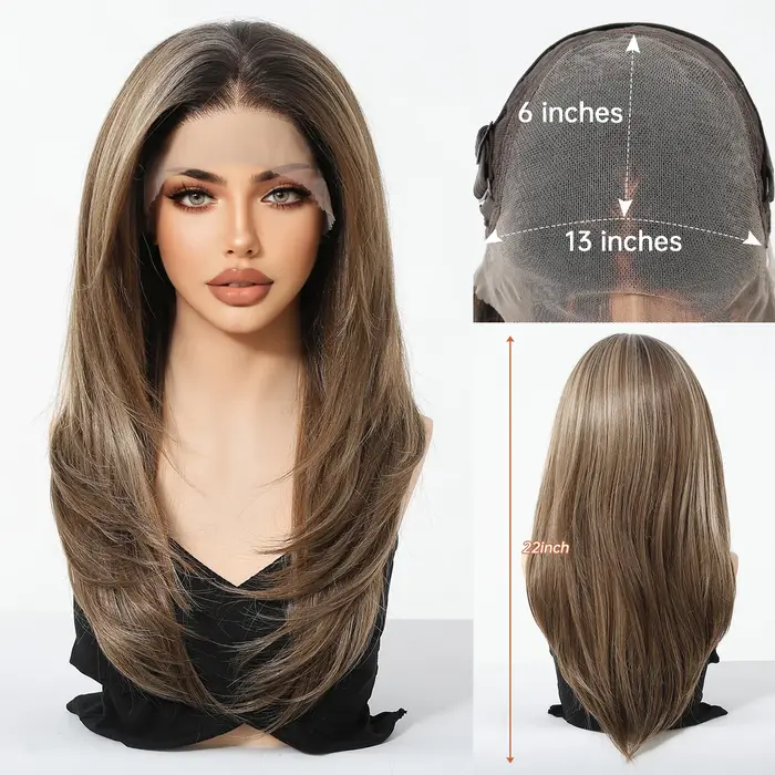 HAIRCUBE – perruque synthétique lisse mixte brune, racines foncées, naissance des cheveux naturelle,