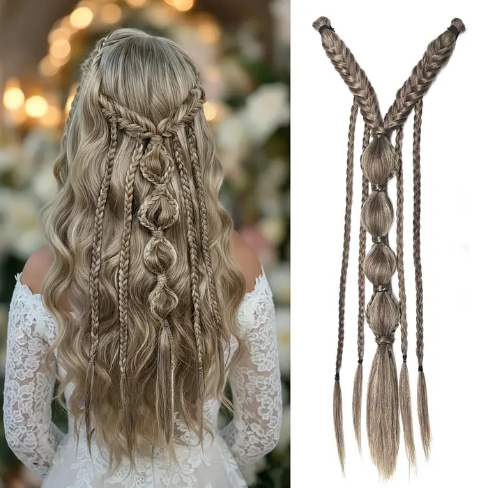 Extensions de cheveux synthétiques tressées style bohème viking, mèches ombrées, tresses féeriques médiévales, clip pour femmes, queue de cheval faite à la main