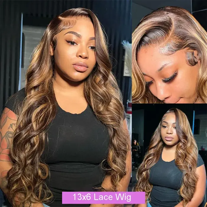 Blonde Highlight Body Wave Lace Front Perruque de cheveux humains pour femme, HD 13tage, 13x6 Lace F